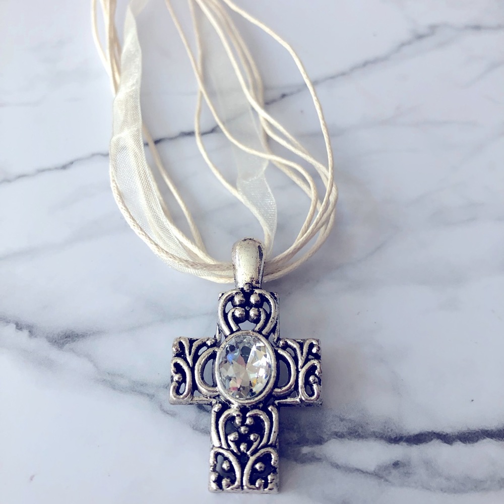 NEW Handcrafted Necklace - Bejeweled Cross Pendant Cream White Ribbon